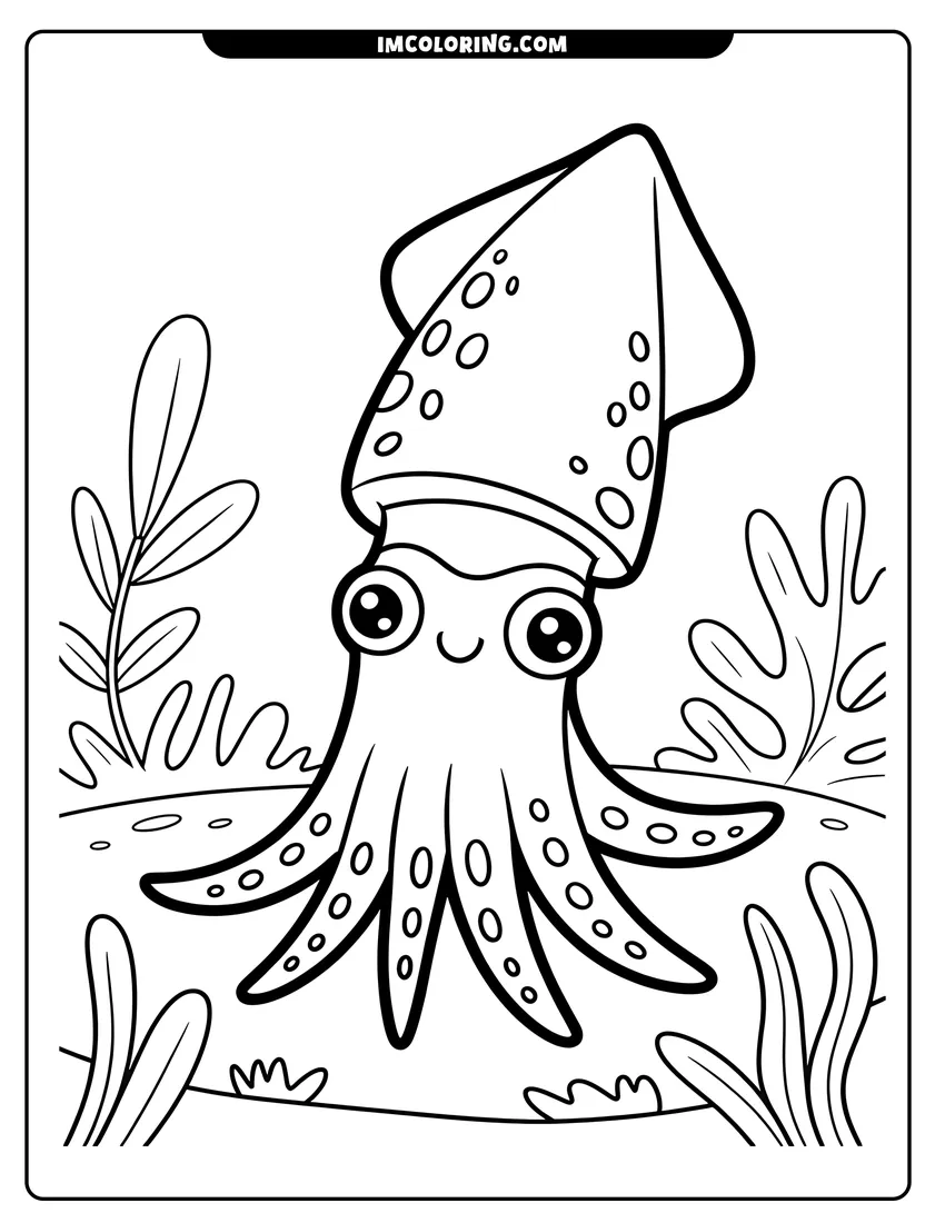 Coloring page for kids: A cute cartoon squid with large eyes and spots swimming among seaweed on the ocean floor