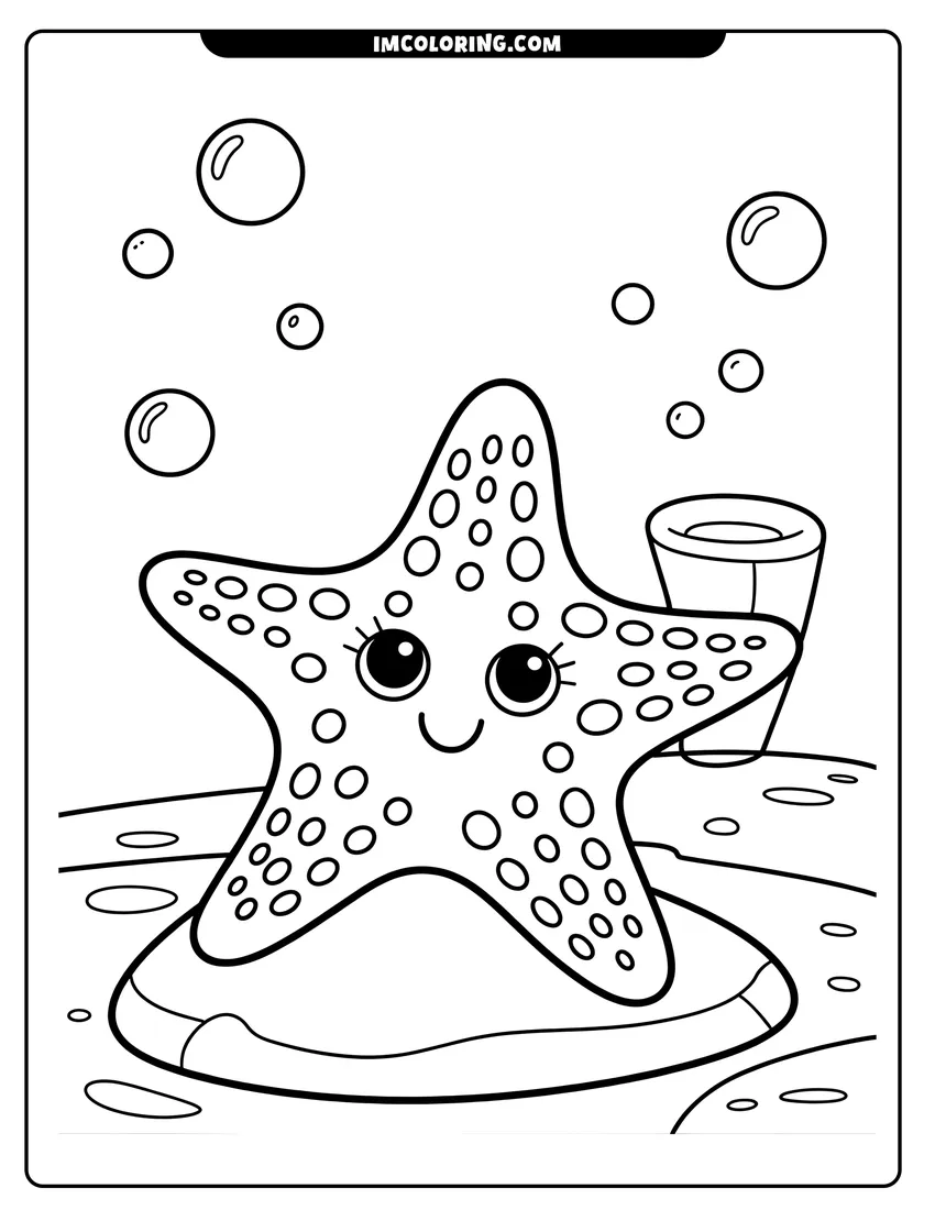 Vector style outline of A cheerful cartoon starfish with big eyes rests on the sea floor surrounded by floating water bubbles