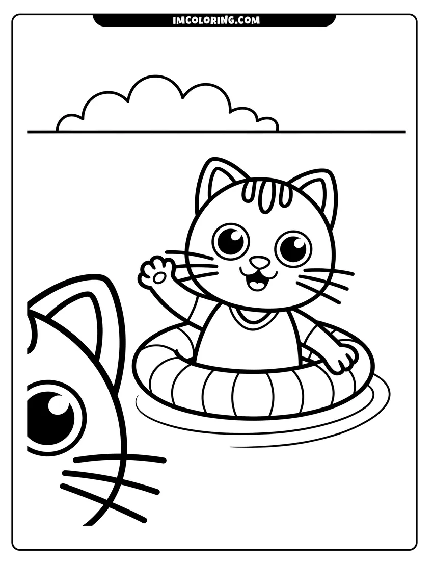Free printable coloring sheet of A cute kitten waving from a striped swim ring while floating on water under a cloudy sky