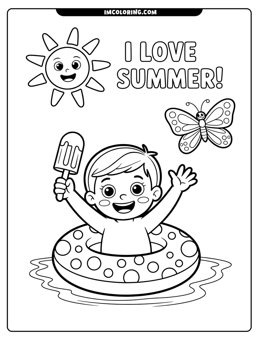 Free to print drawing of A happy boy holding a popsicle while floating in a pool tube under a smiling summer sun