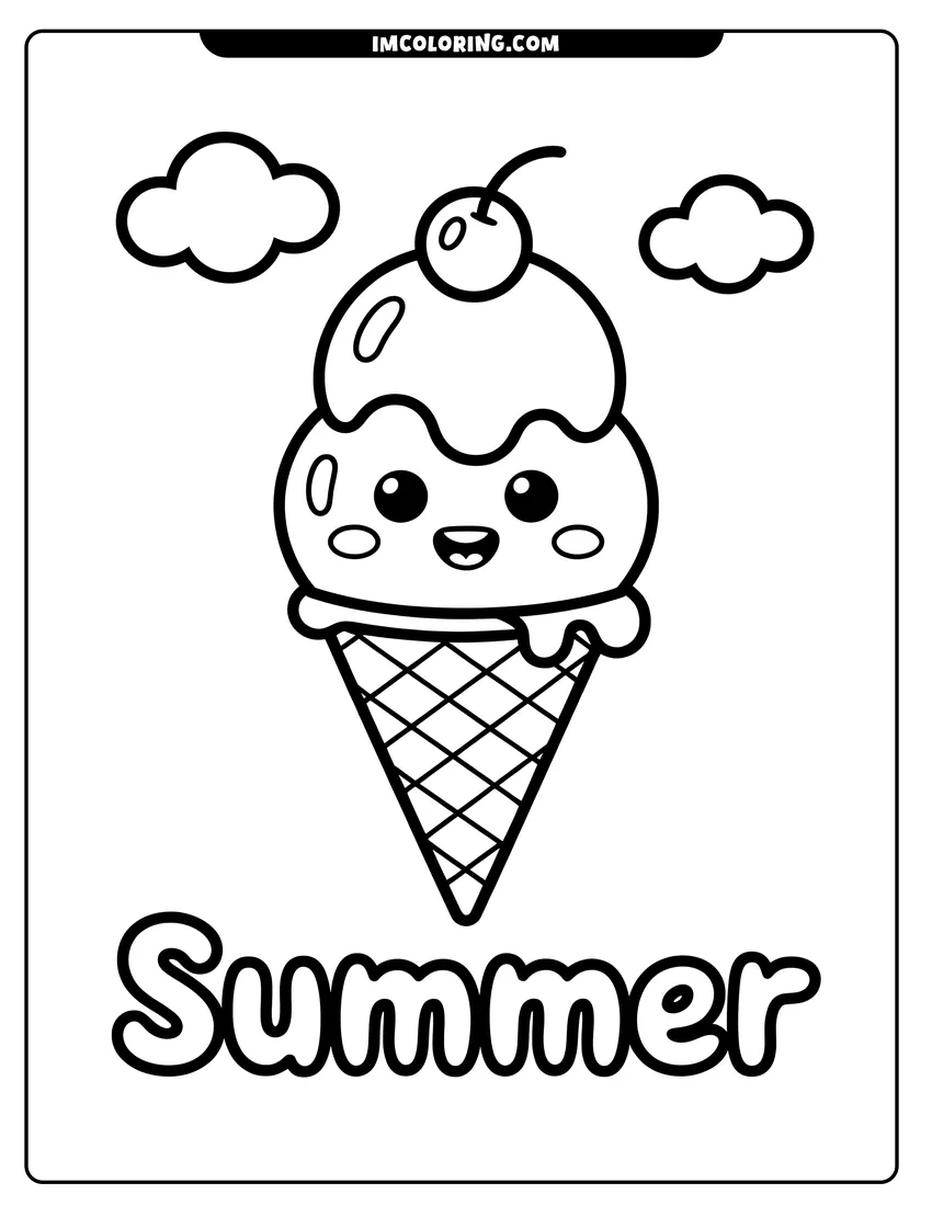 Full page coloring image of A cute smiling ice cream cone with two scoops and a cherry on top under two clouds