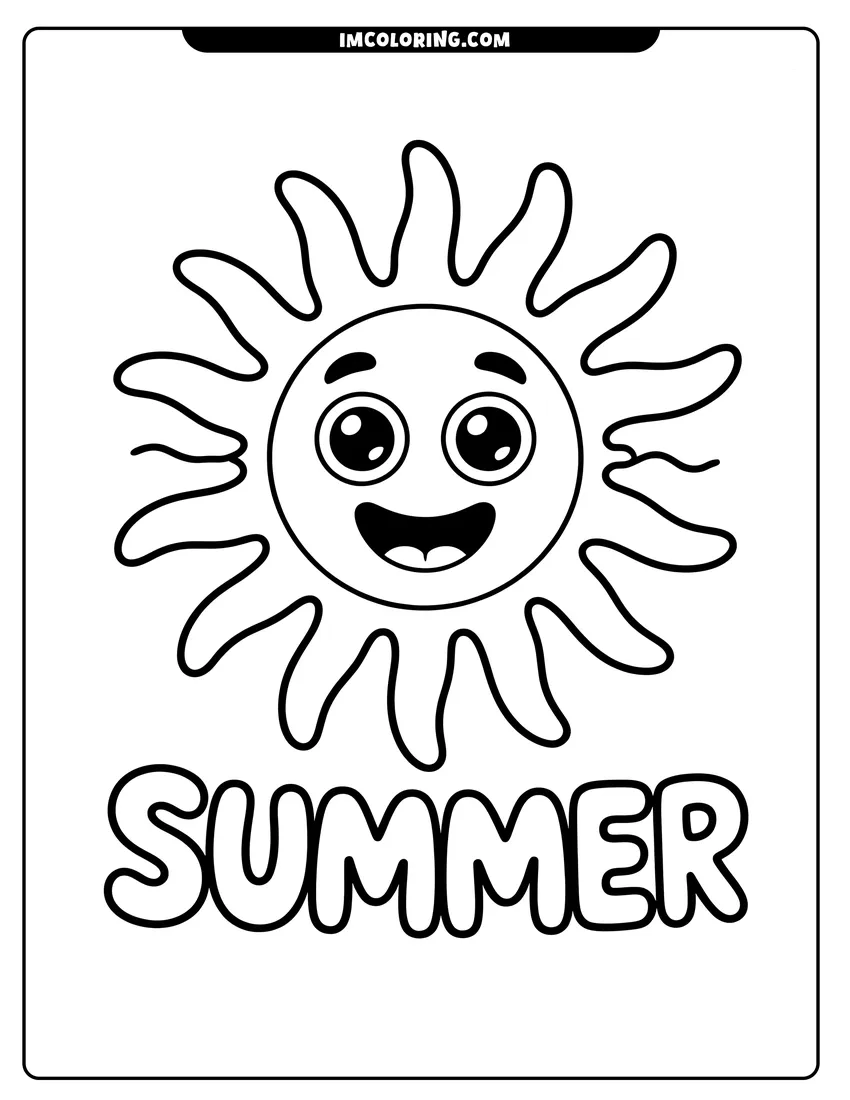 Free printable coloring sheet of A cartoon sun with a big smile and wide eyes above the block letter word Summer
