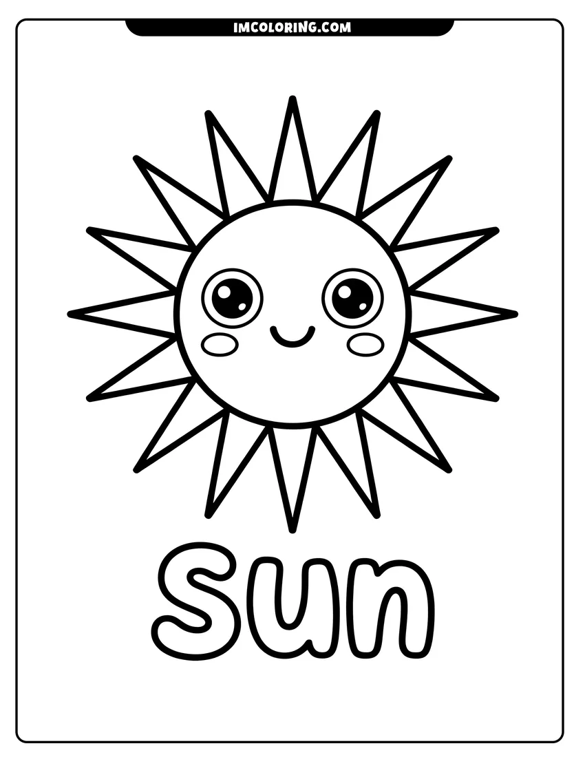 Coloring page for kids: A cute cartoon sun with a smiling face and large eyes below the word Sun in bold letters