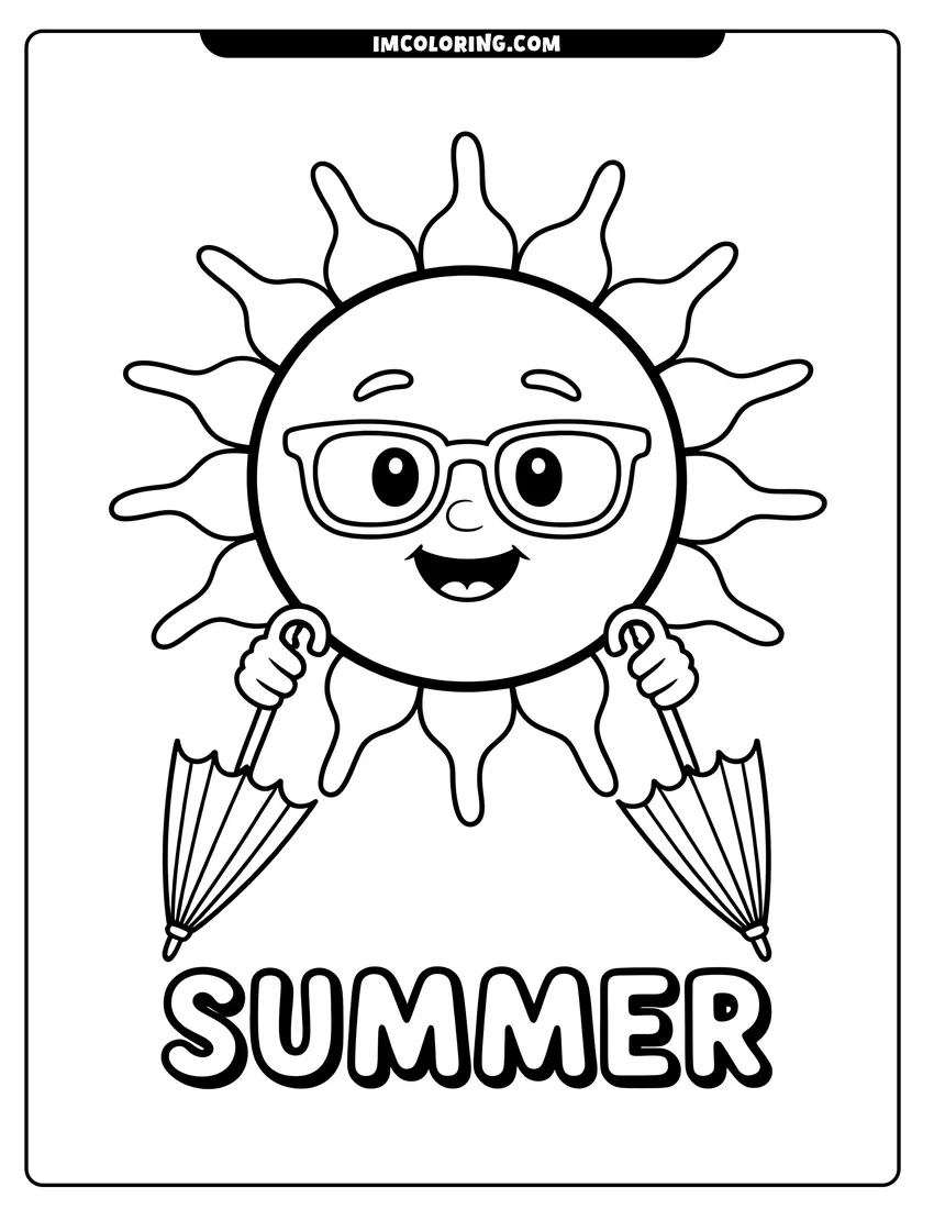 Downloadable coloring page of A happy sun wearing sunglasses and holding two small umbrellas above the word Summer in bold bubble letters