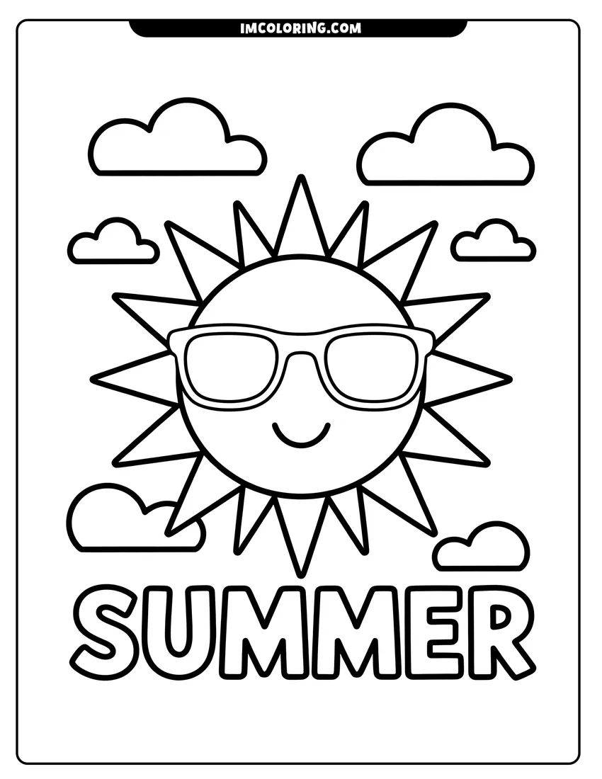 Coloring sheet featuring A smiling sun wearing sunglasses surrounded by fluffy clouds with the word summer written at the bottom