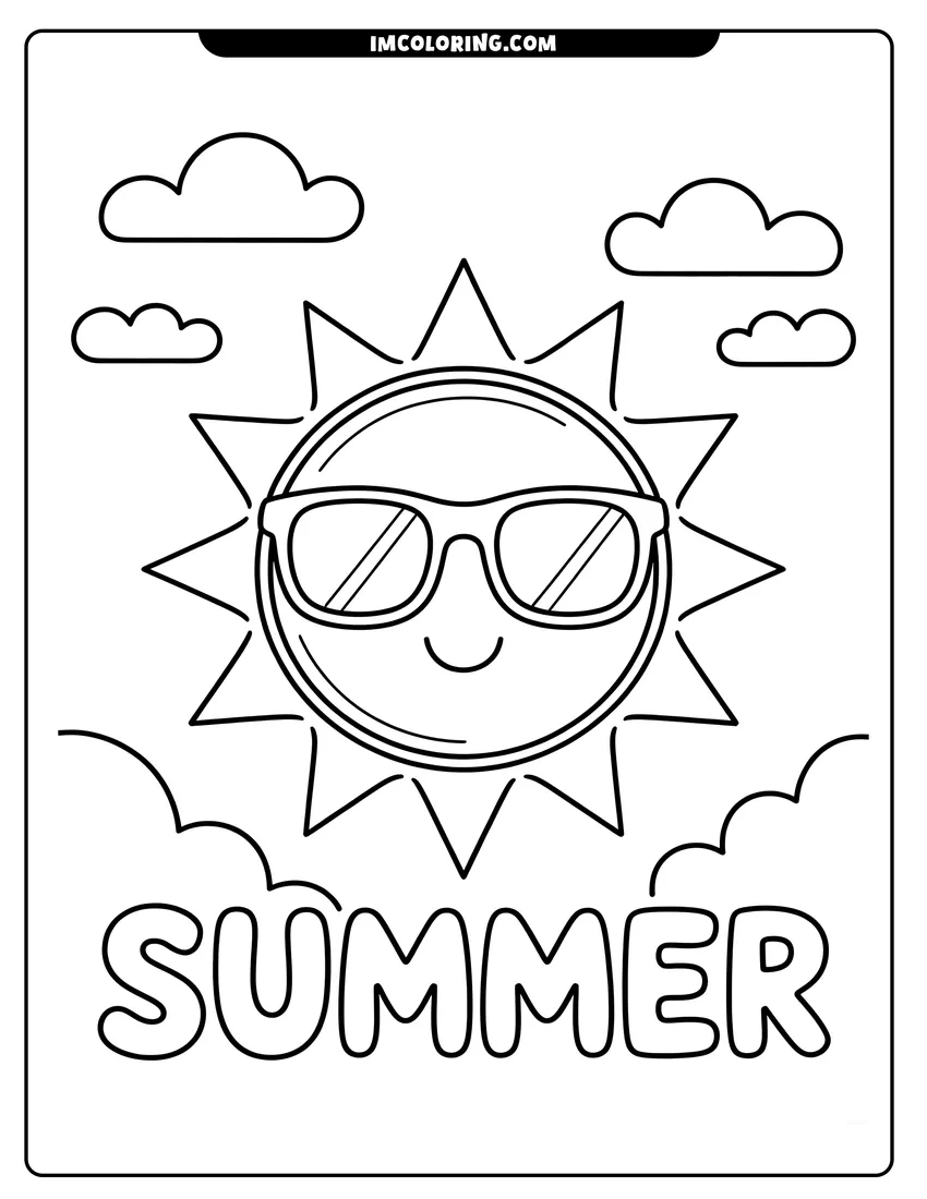 Vector style outline of A smiling sun wearing sunglasses surrounded by clouds with the word summer written at the bottom