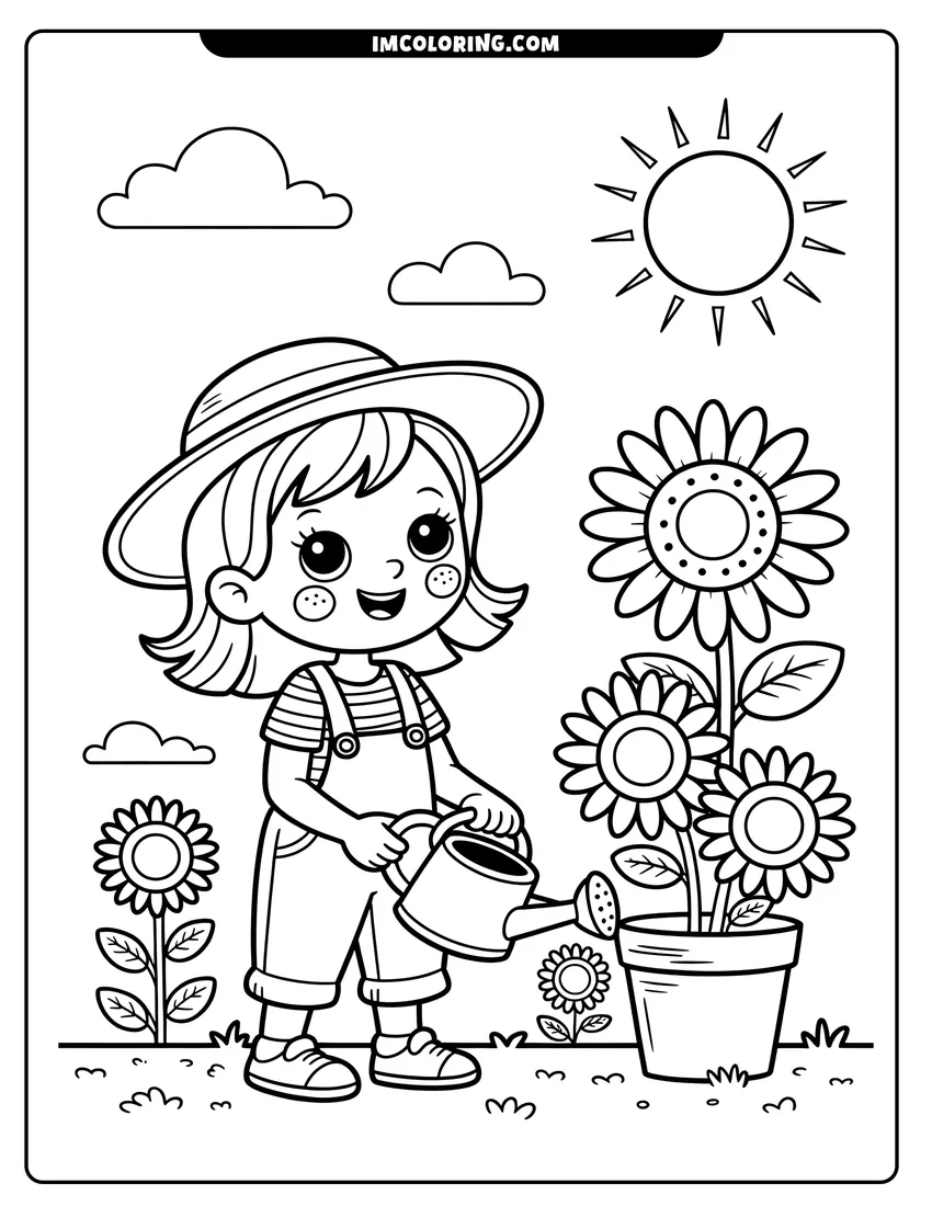 Coloring sheet featuring A young girl in a sun hat watering potted sunflowers with a watering can under a bright sun