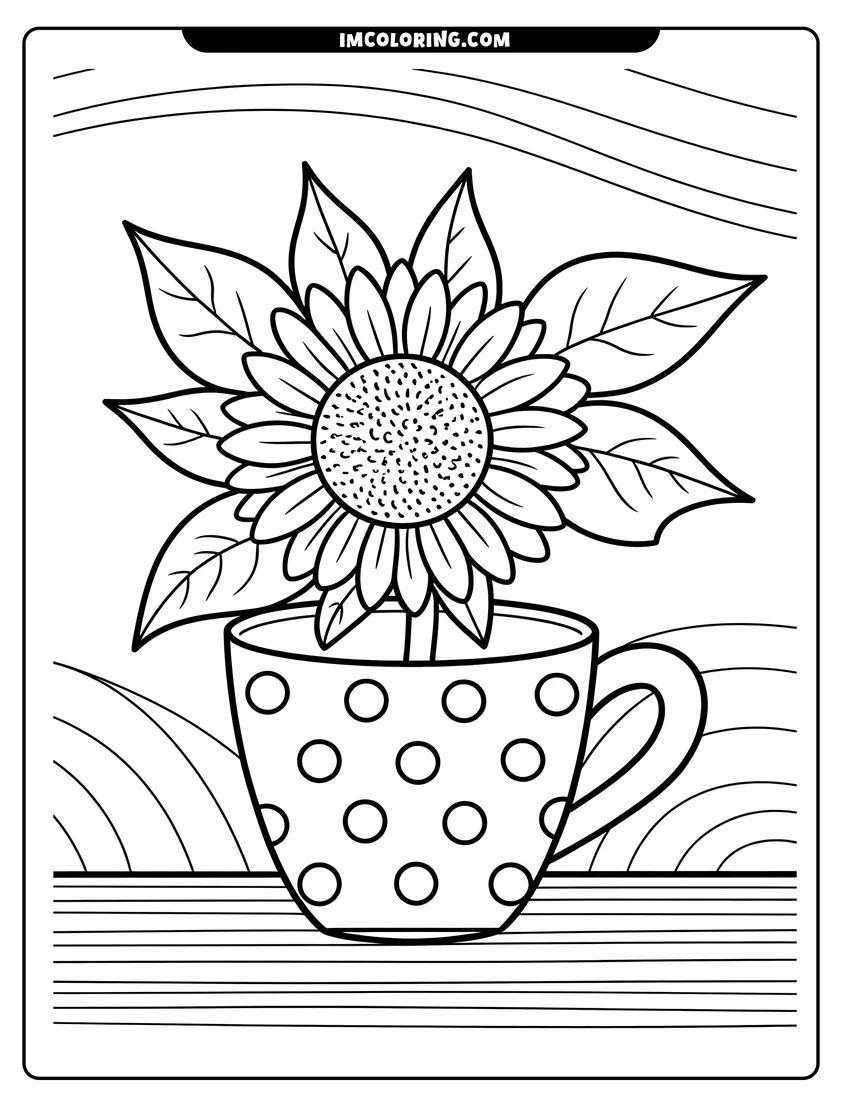Printable coloring page of A large sunflower with detailed petals sitting inside a polka-dot teacup against a wavy striped background pattern