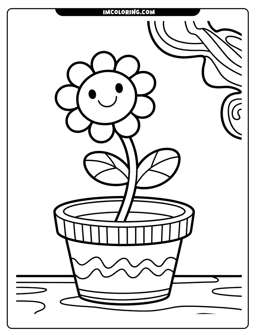 Simple sketch of A smiling sunflower with a happy face growing in a decorative flowerpot with wavy patterns and leaves to color