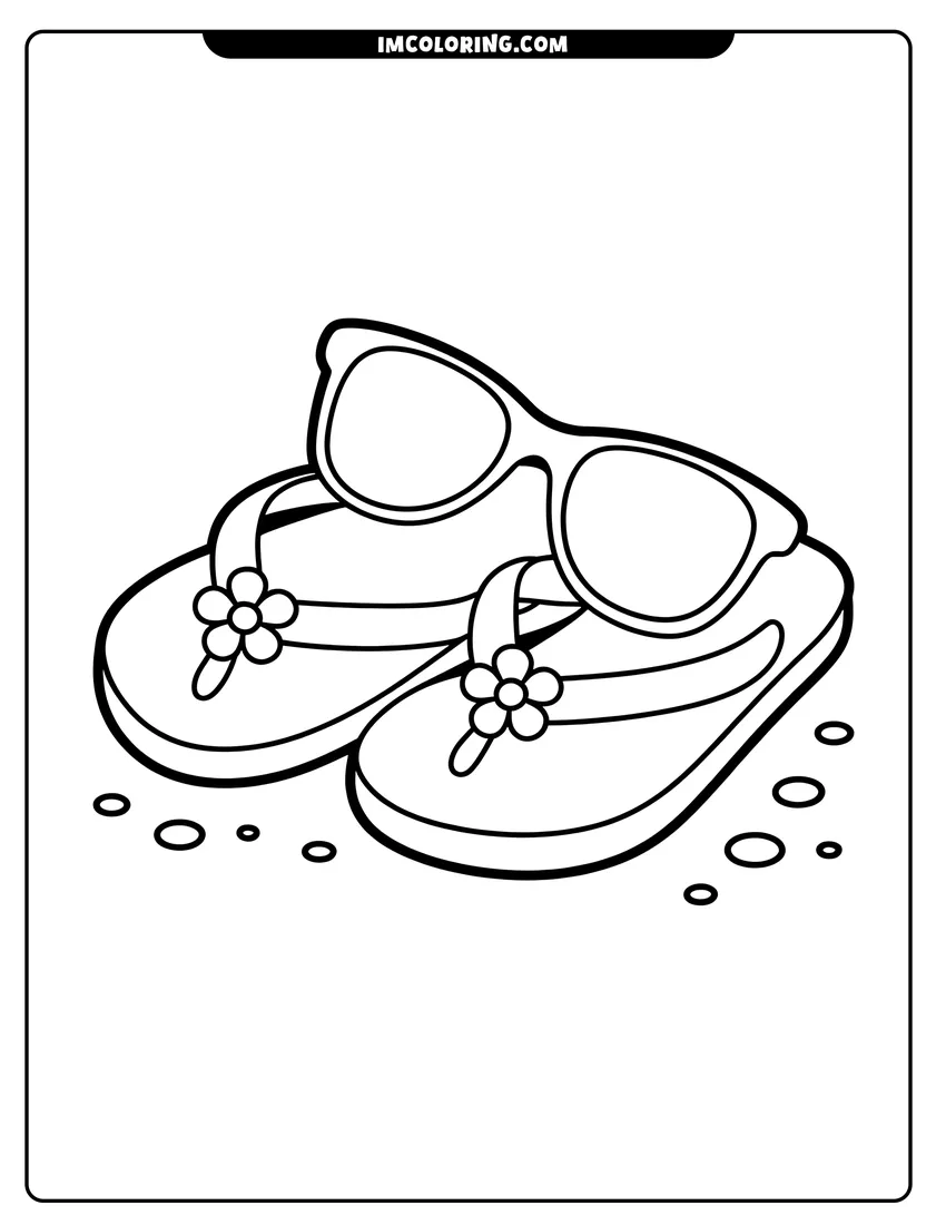 Full page coloring image of Line art of flip-flops decorated with small flowers next to a pair of sunglasses on the sand