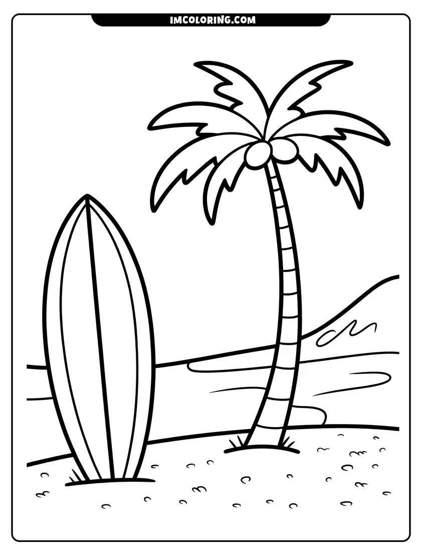 Linear illustration of A surfboard stands on a sandy beach next to a tropical palm tree with two coconuts