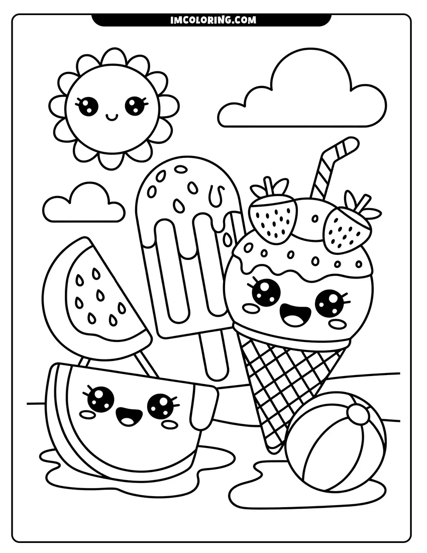 Linear illustration of A smiling sun shines over kawaii ice cream, watermelon, and a beach ball on a sunny day
