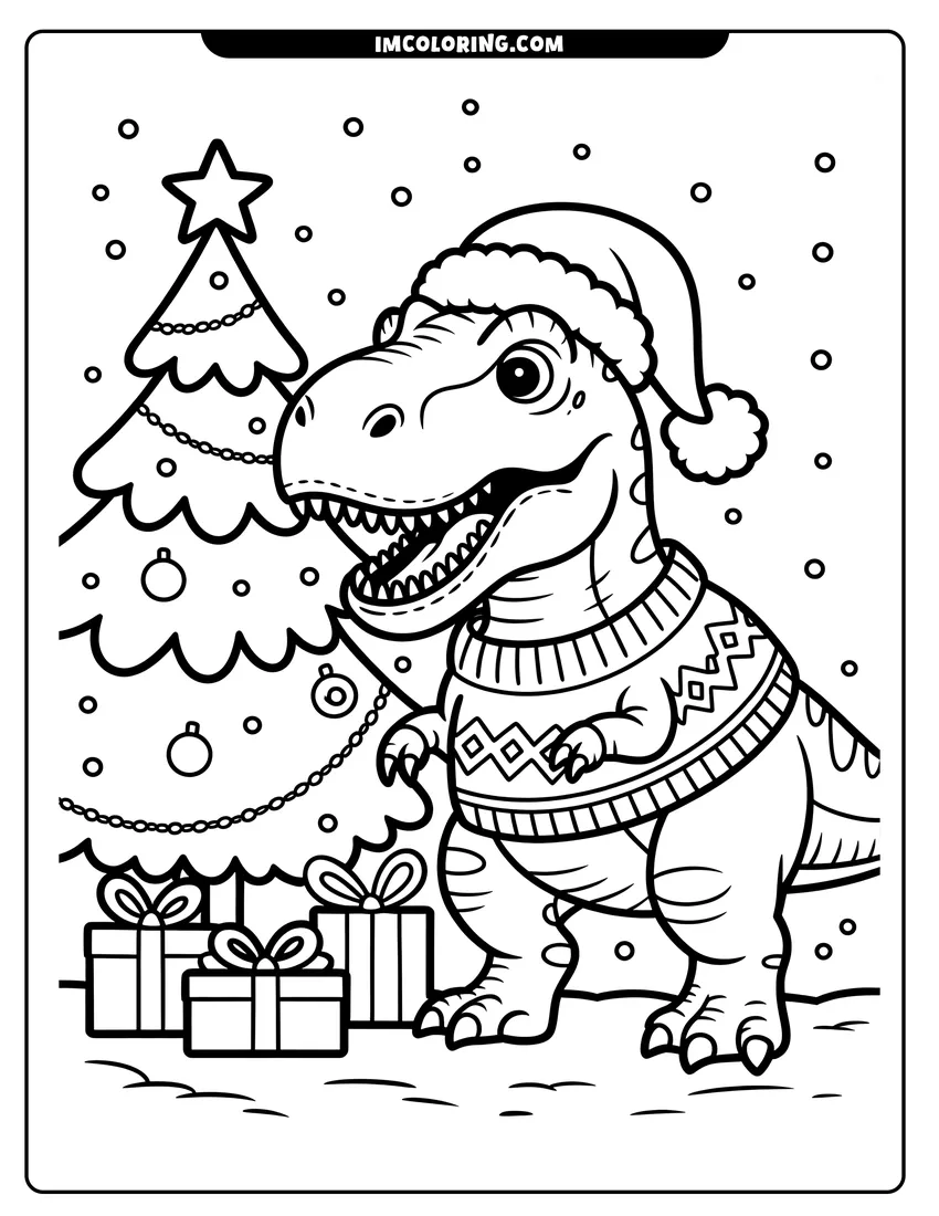 Printable line art of A friendly T-Rex wearing a Santa hat and winter sweater standing by a decorated Christmas tree with gifts