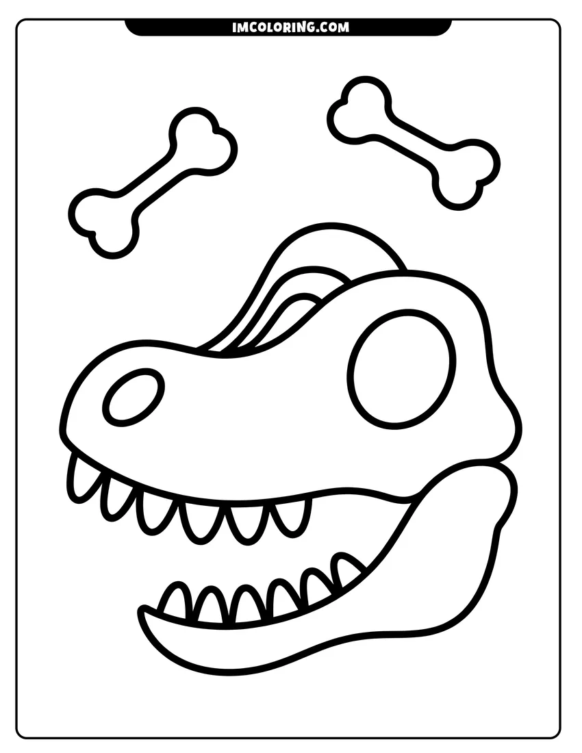Coloring sheet featuring A friendly cartoon dinosaur skull with sharp teeth and two floating bones for children to enjoy