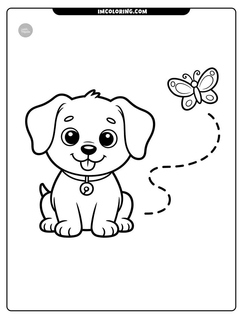 Simple sketch of A cute puppy with a collar sits and looks at a butterfly flying in the sky to color