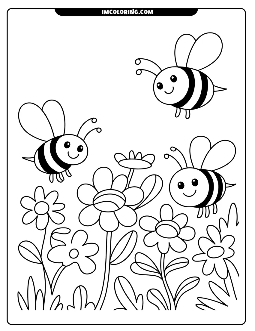 PDF style coloring page: Three cute cartoon bees with stripes flying over a field of flowers with thick black outlines