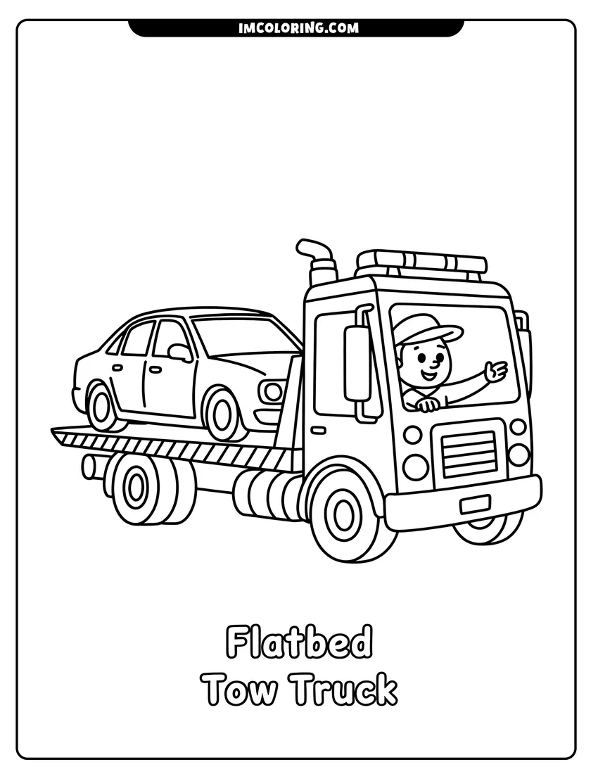 PDF style coloring page: A cartoon flatbed tow truck driven by a smiling man carrying a small car on its back