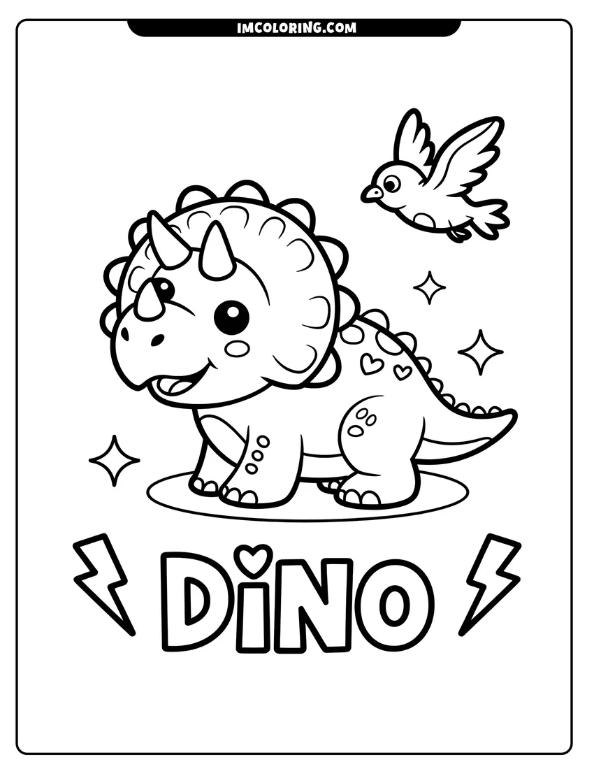 Printable line art of A cute baby triceratops dinosaur smiling at a small bird flying overhead with stars and lightning bolts