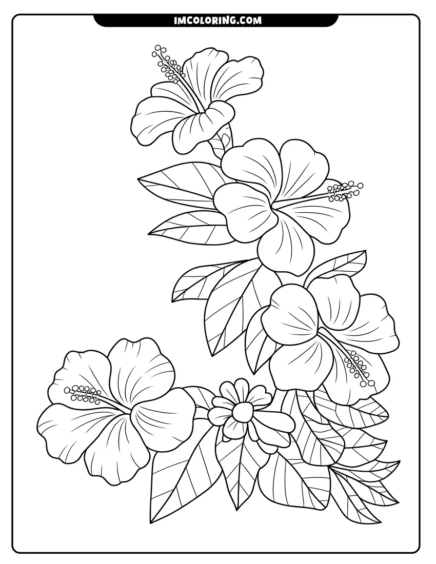 High quality printable A cluster of blooming hibiscus flowers and leaves with intricate details and delicate petals in a vertical arrangement for coloring
