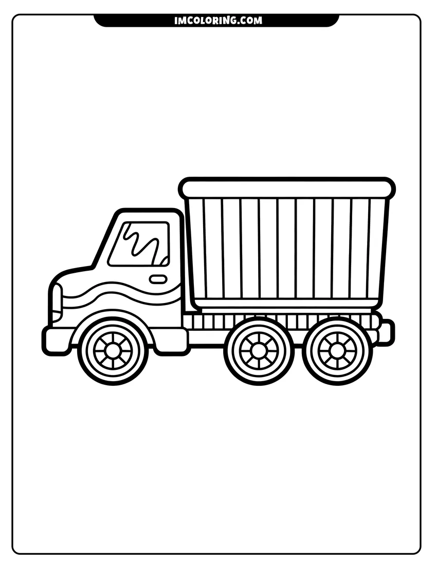 Coloring page of A simple line drawing of a large transport truck with three wheels and a striped cargo container