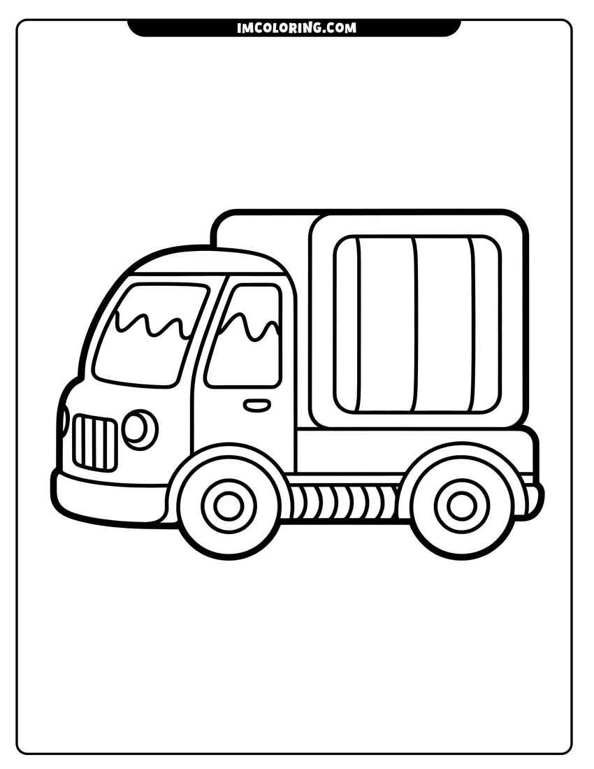 Downloadable coloring page of A friendly delivery truck with a large cargo container and round headlights ready for work and travel