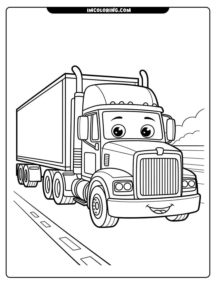 Linear illustration of A friendly semi-truck with a smiling face driving along a highway with clouds in the background