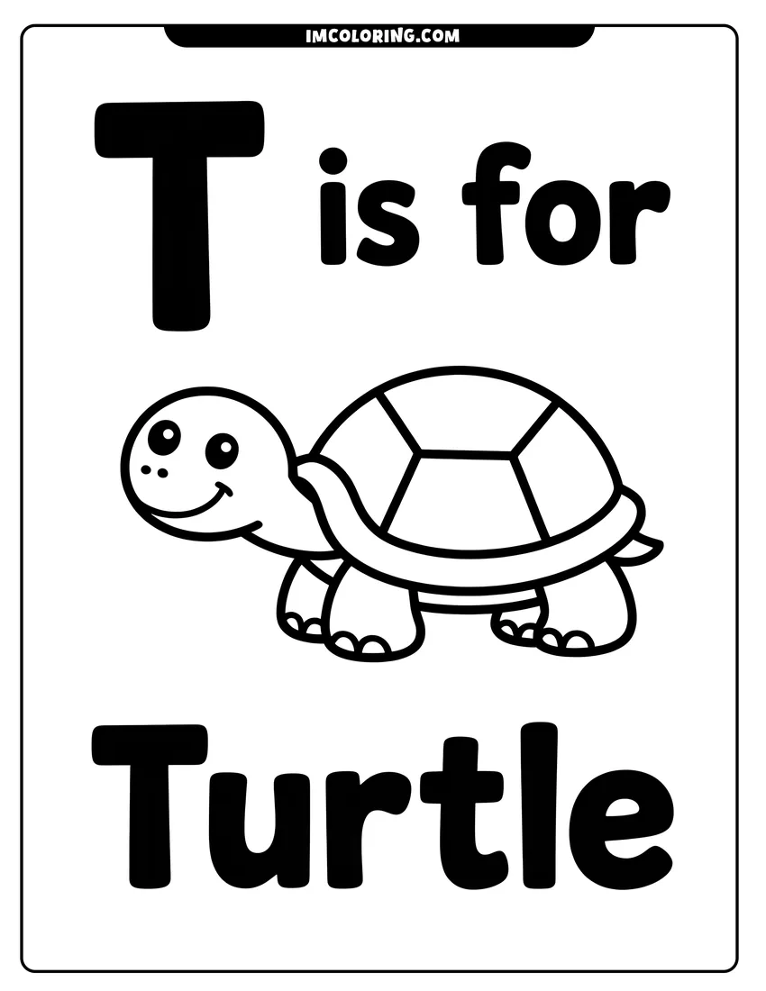 Vector style outline of A cute cartoon turtle smiling below the words T is for Turtle with thick black outlines