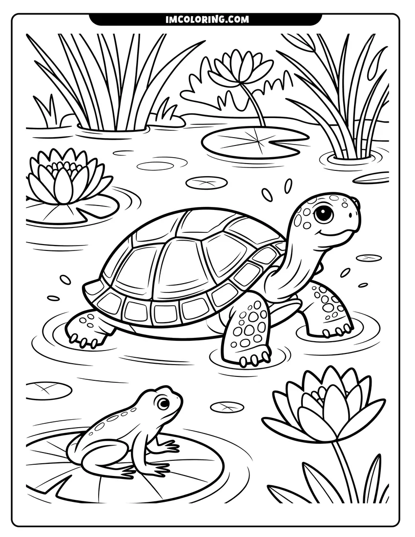 Black and white line art of A happy turtle swimming in a lotus pond with a small frog sitting on a lily pad nearby