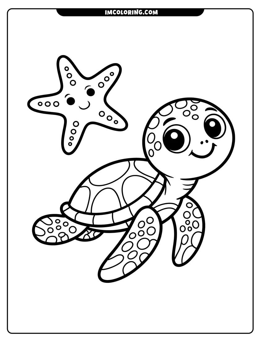 PDF style coloring page: A cute baby sea turtle with large eyes swims next to a smiling starfish in the ocean