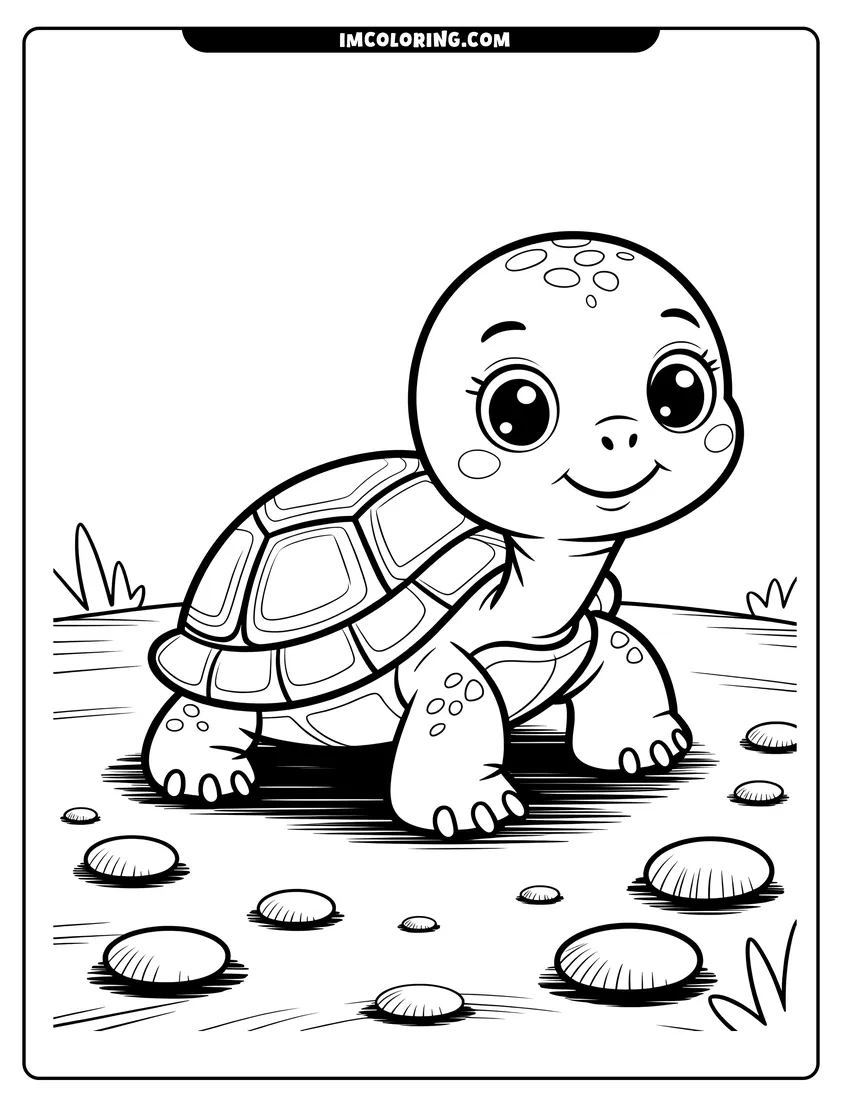 Coloring page of A cute cartoon baby turtle with large eyes smiling while walking across a sandy shore with pebbles