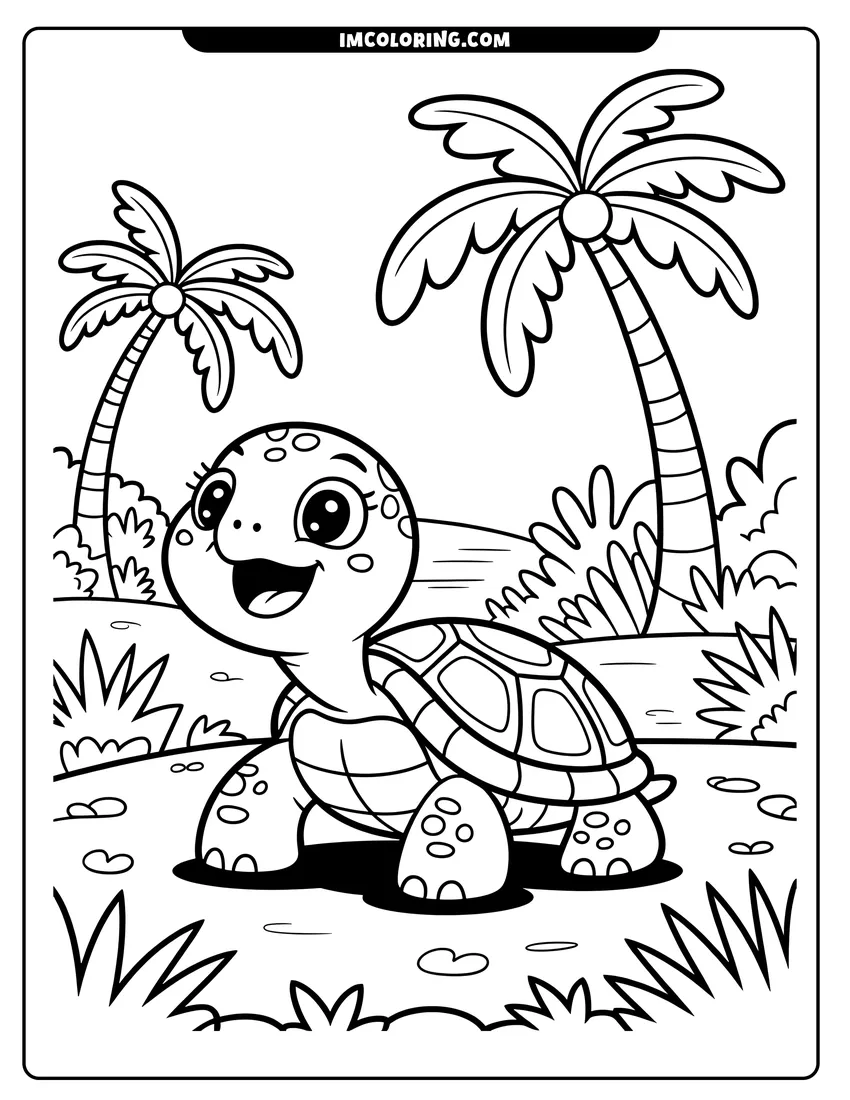 Clean line drawing: A smiling cartoon turtle walking on a beach with palm trees and tropical plants in the background