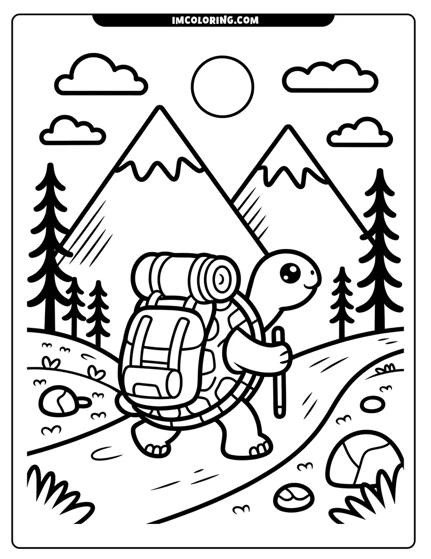 Downloadable coloring page of A cute turtle with a backpack and walking stick hiking on a trail near snowy mountains