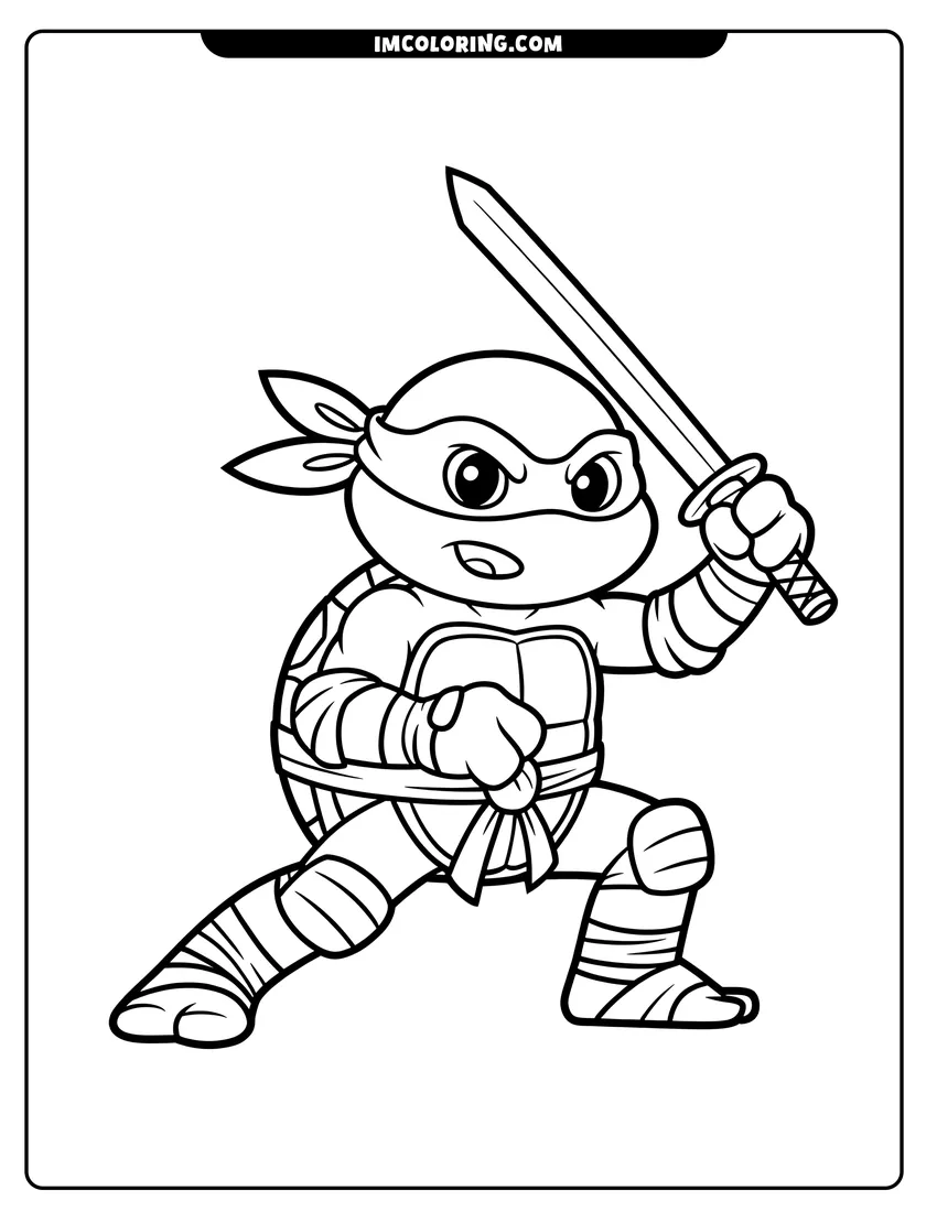 Doodle style coloring picture of A cartoon ninja turtle wearing a mask and holding a sword in a dynamic action pose