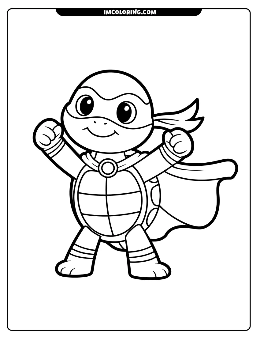 Coloring page of A cute turtle superhero wearing a mask and cape with its arms raised in a heroic pose