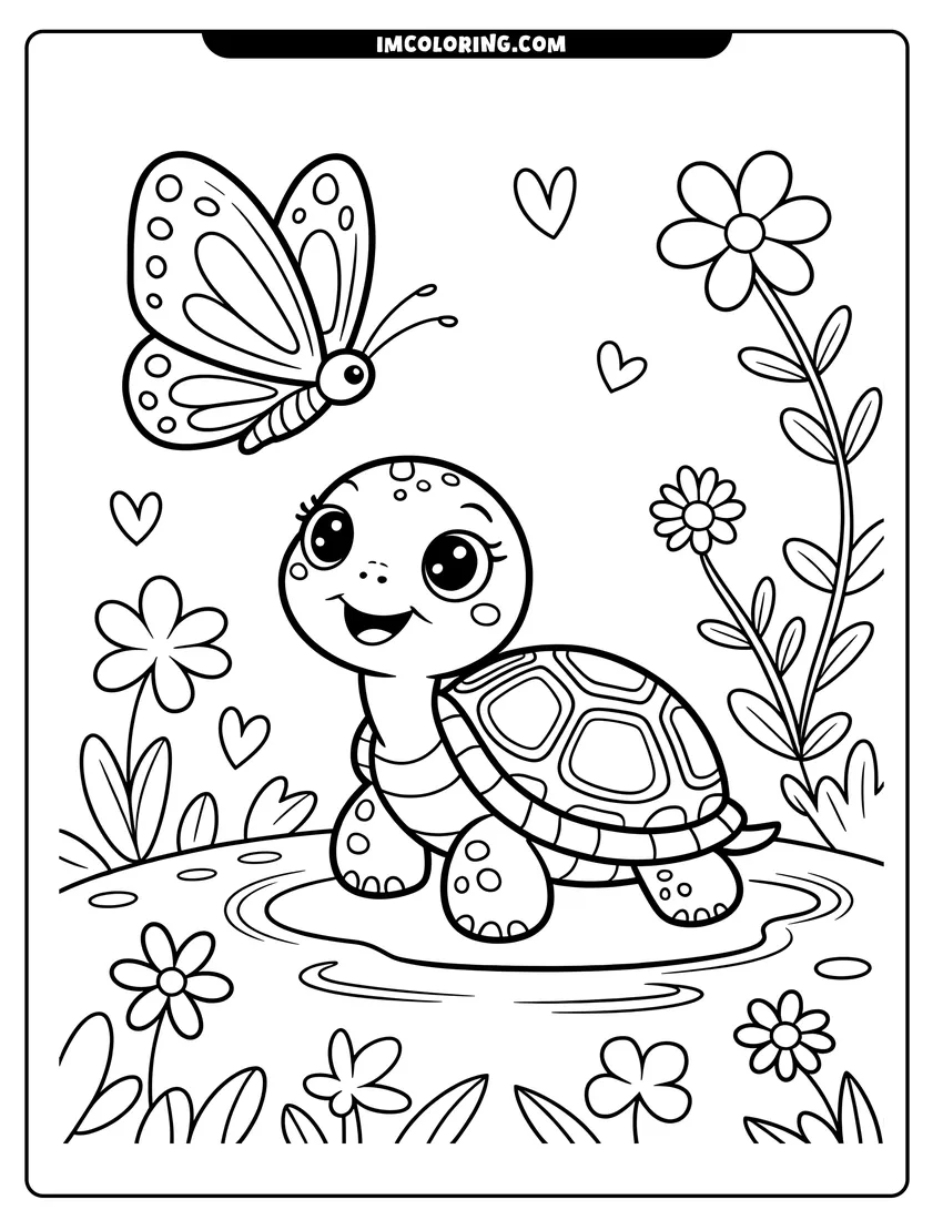 Clean line drawing: A cute cartoon turtle looking up at a butterfly flying among flowers and small floating hearts