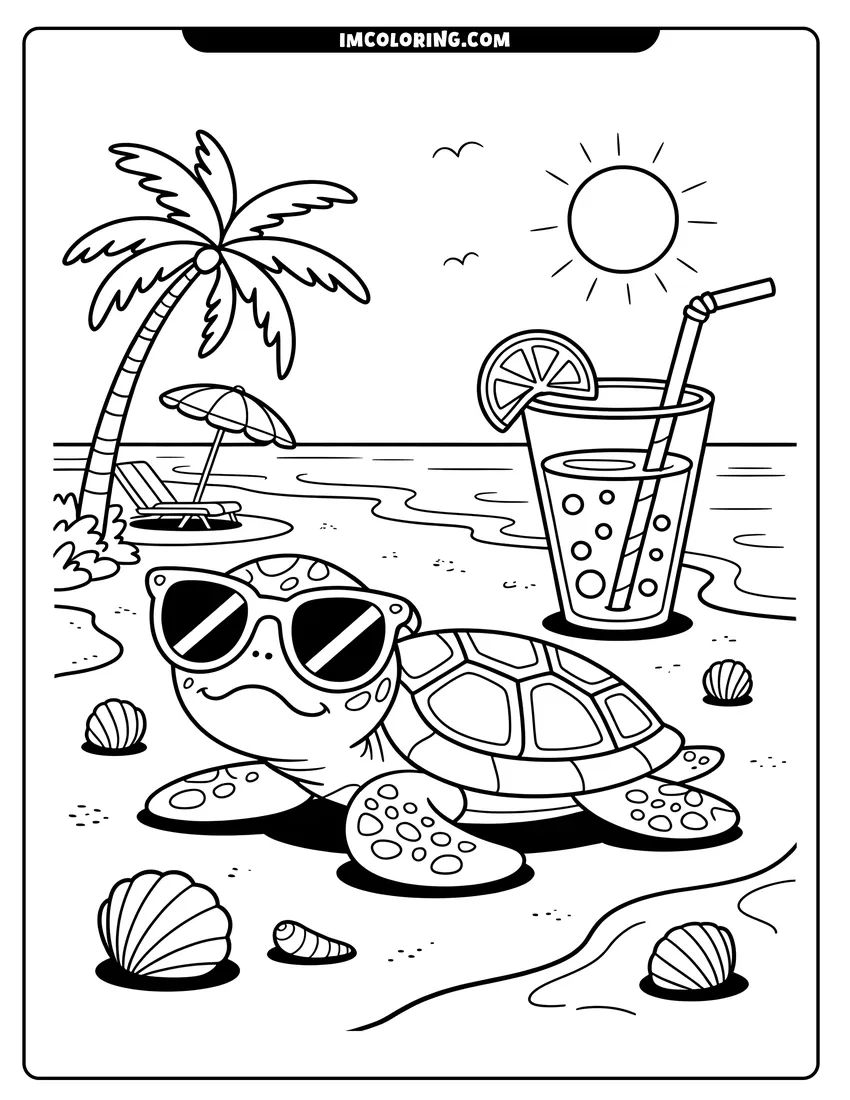 Clean line drawing: A cute sea turtle wearing sunglasses sits on the beach next to a tropical drink and palm tree