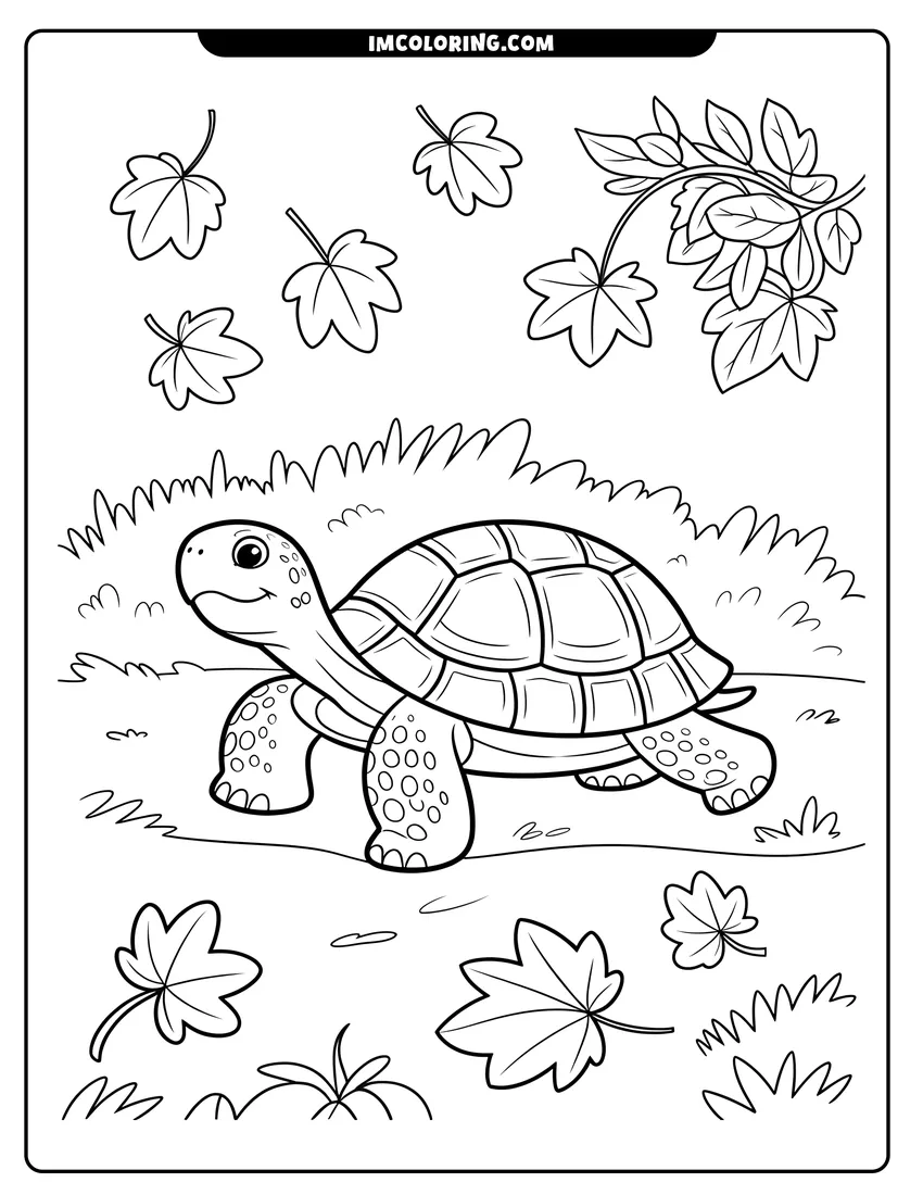Simple sketch of A smiling turtle with a patterned shell walks through grass surrounded by many falling autumn maple leaves to color