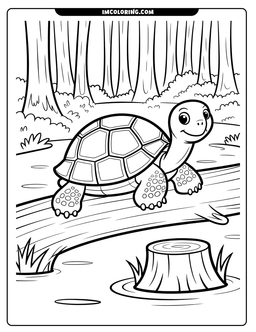 Doodle style coloring picture of A smiling turtle with a patterned shell walks on a log in front of a forest background