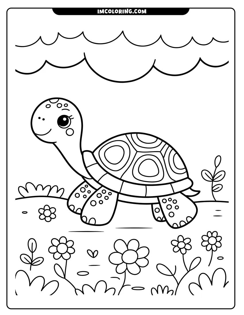 Full page coloring image of A cute cartoon turtle with a patterned shell walks through a garden filled with blooming flowers and plants