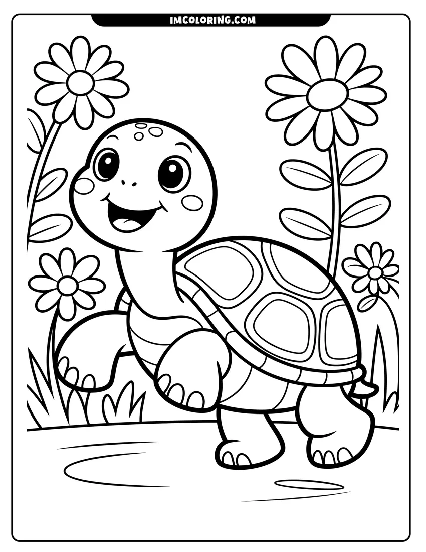 Printable line art of A smiling cartoon turtle walks through a garden with tall daisies and grass in black and white