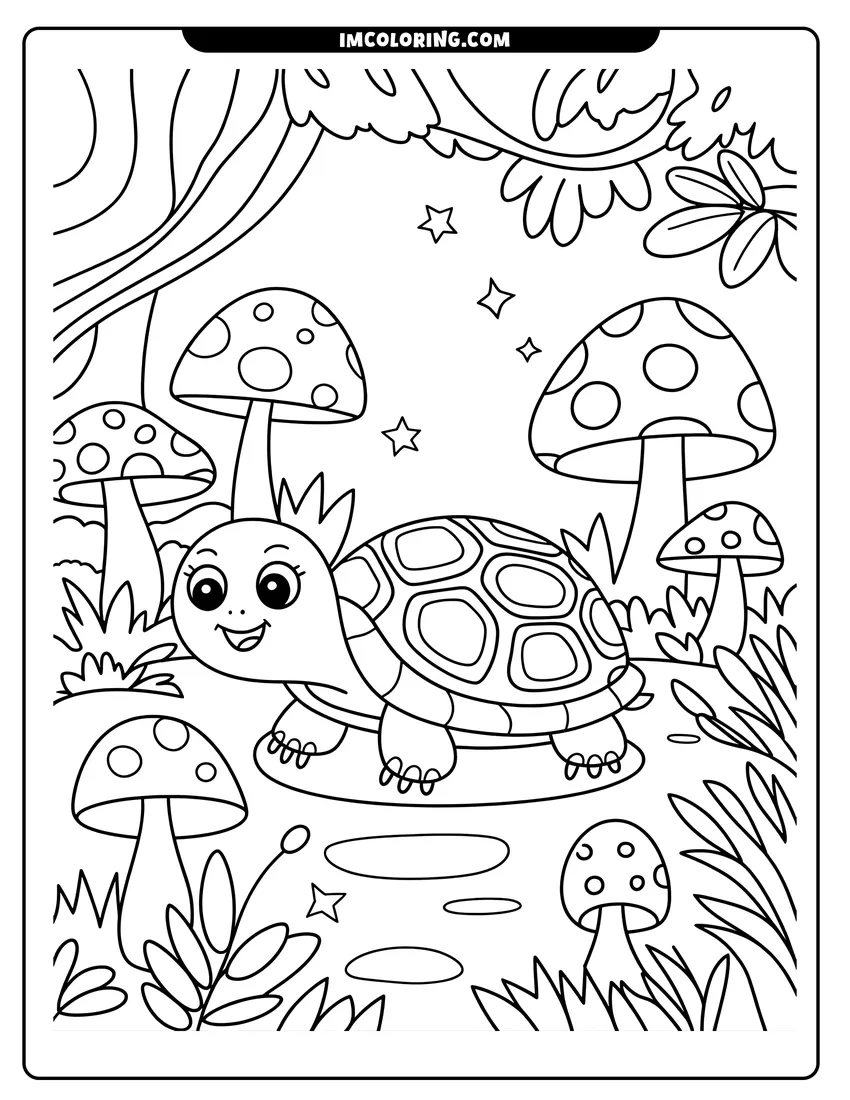 Free printable coloring sheet of A smiling cartoon turtle walking in a forest surrounded by large polka-dot mushrooms and small stars