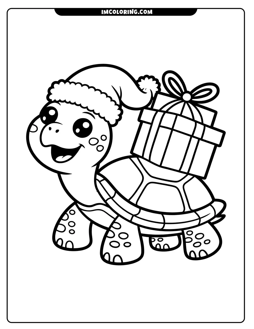 Linear illustration of A happy cartoon turtle wearing a Santa hat and carrying a wrapped gift box on its shell