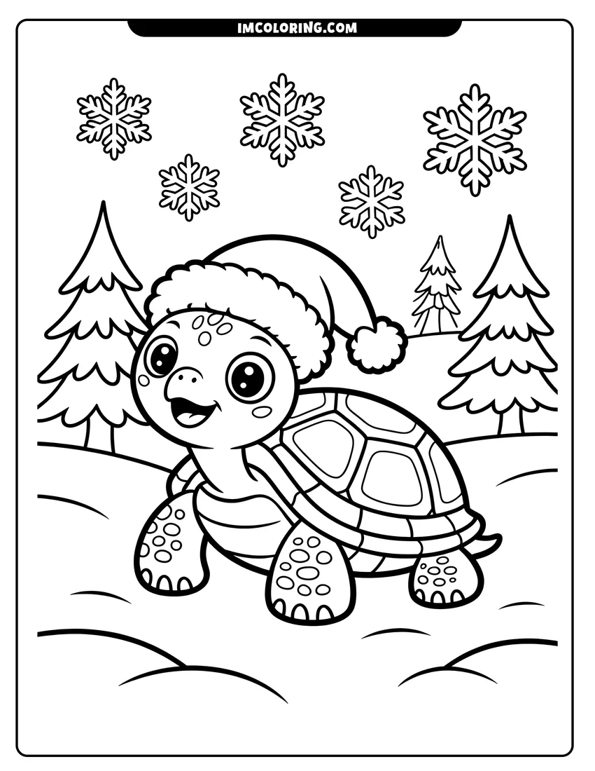 Coloring page of A cute turtle wearing a Santa hat smiles while standing in a snowy landscape with pine trees and snowflakes