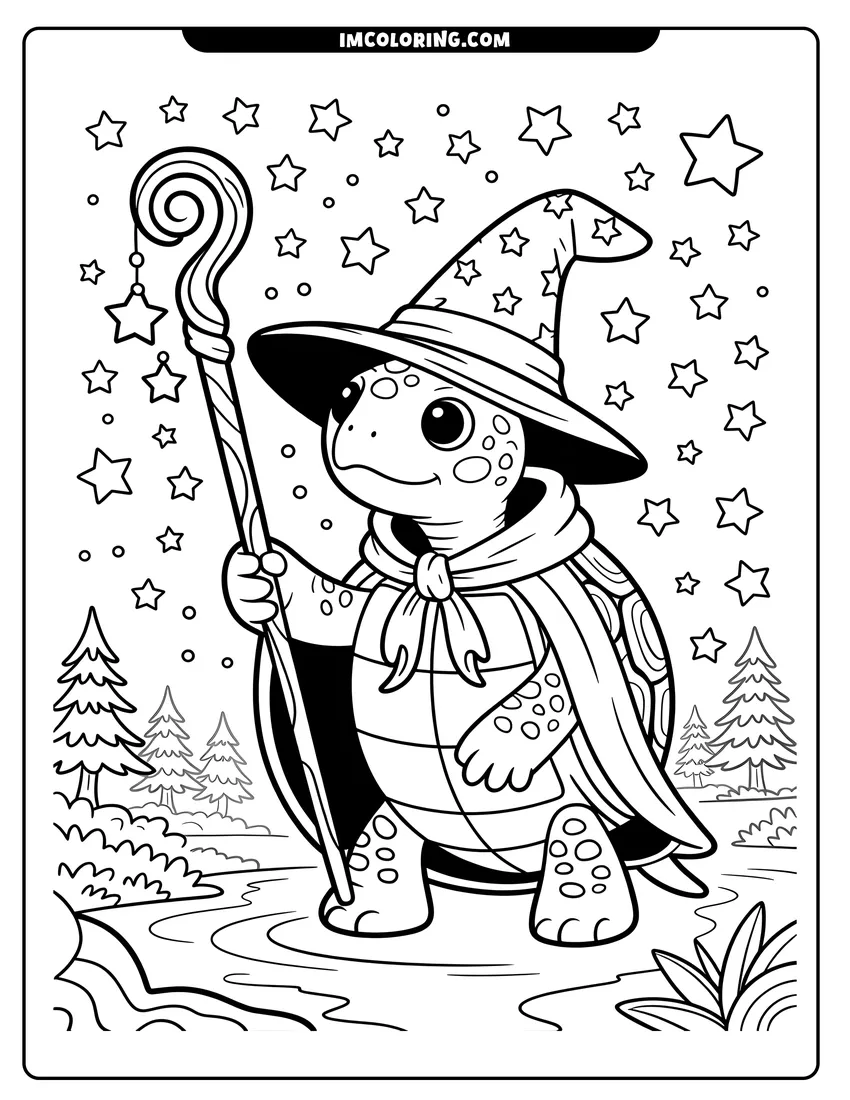 Coloring sheet featuring A cute turtle wizard wearing a starry hat and cape holding a magical staff under a night sky