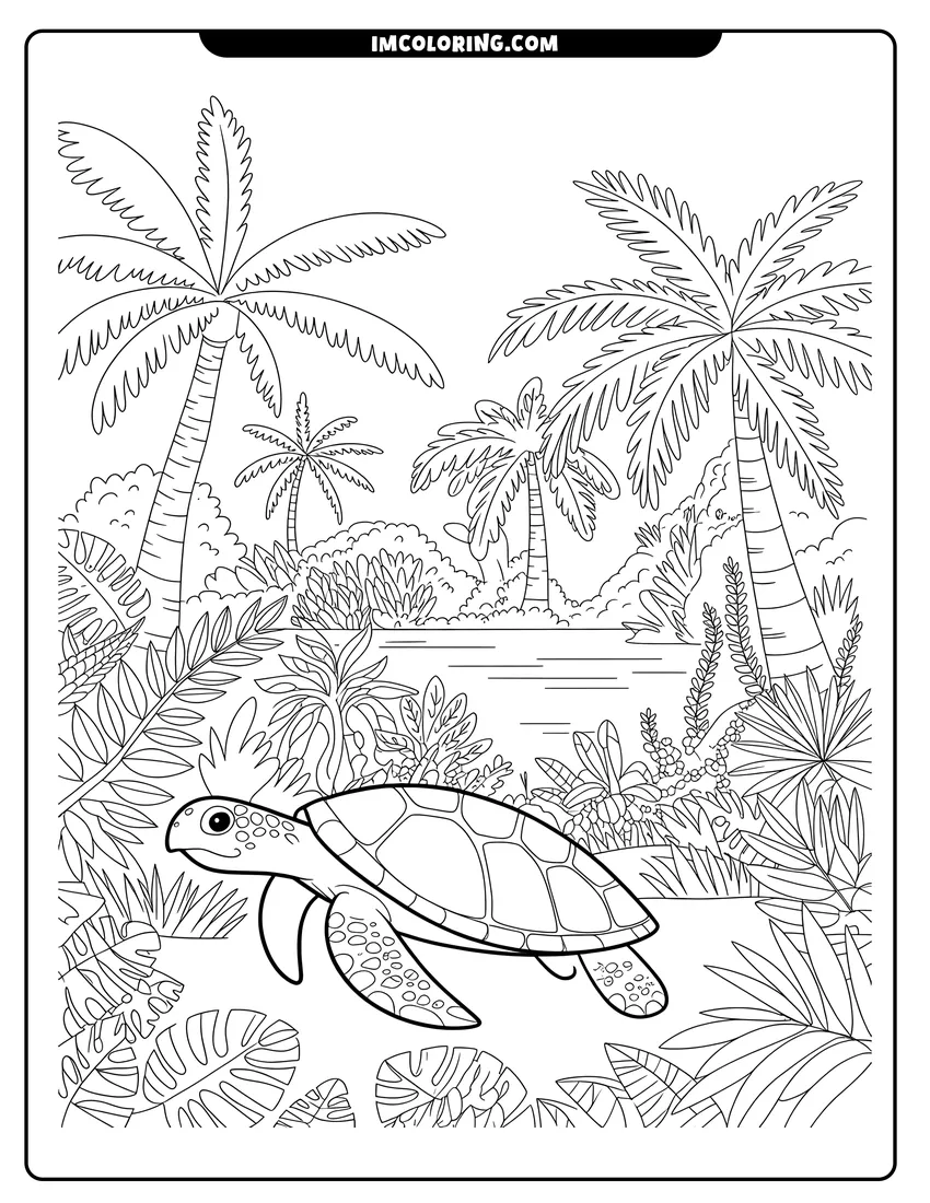 Downloadable coloring page of A sea turtle crawling on a beach surrounded by palm trees and tropical plants near the water