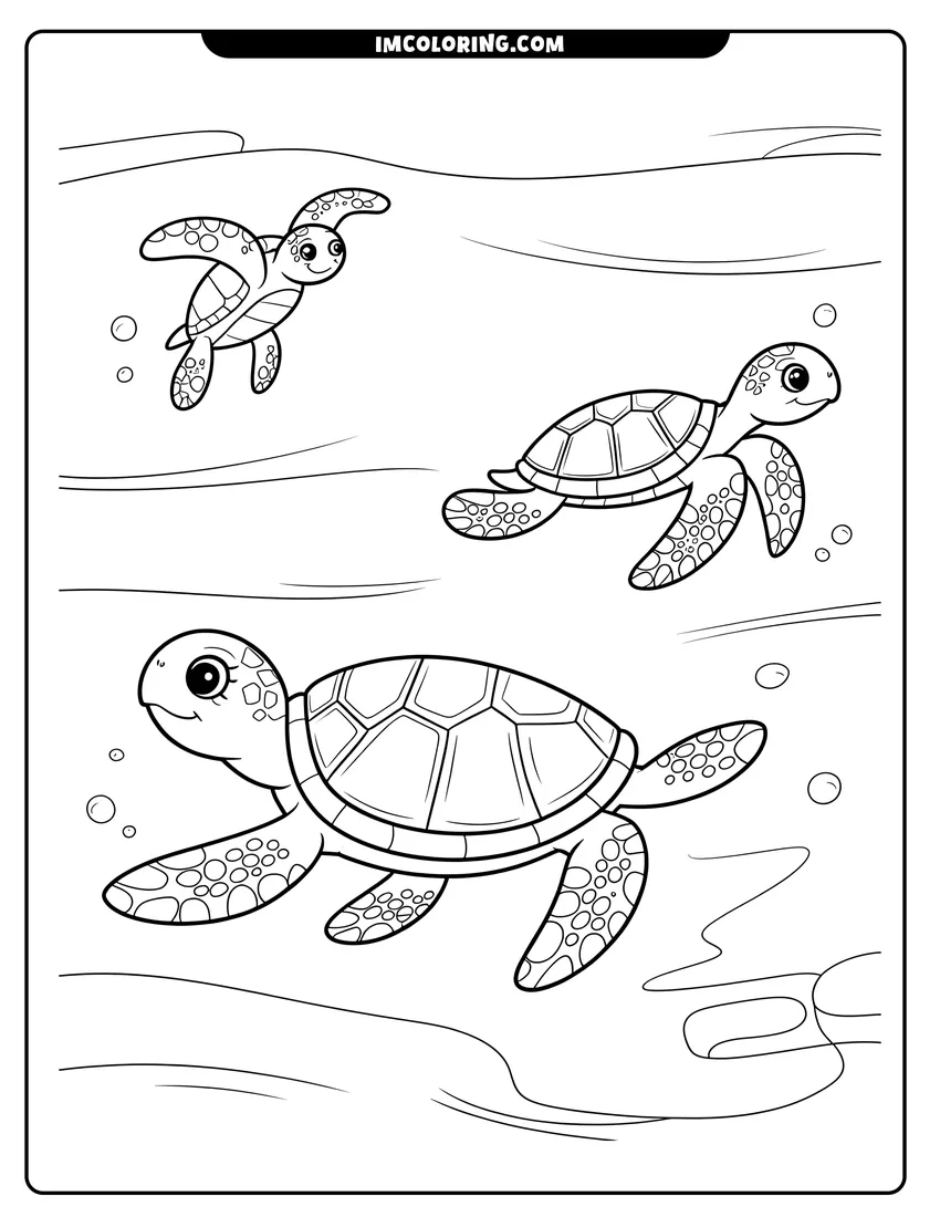 Black and white line art of Three cartoon sea turtles with patterned shells swimming underwater surrounded by bubbles