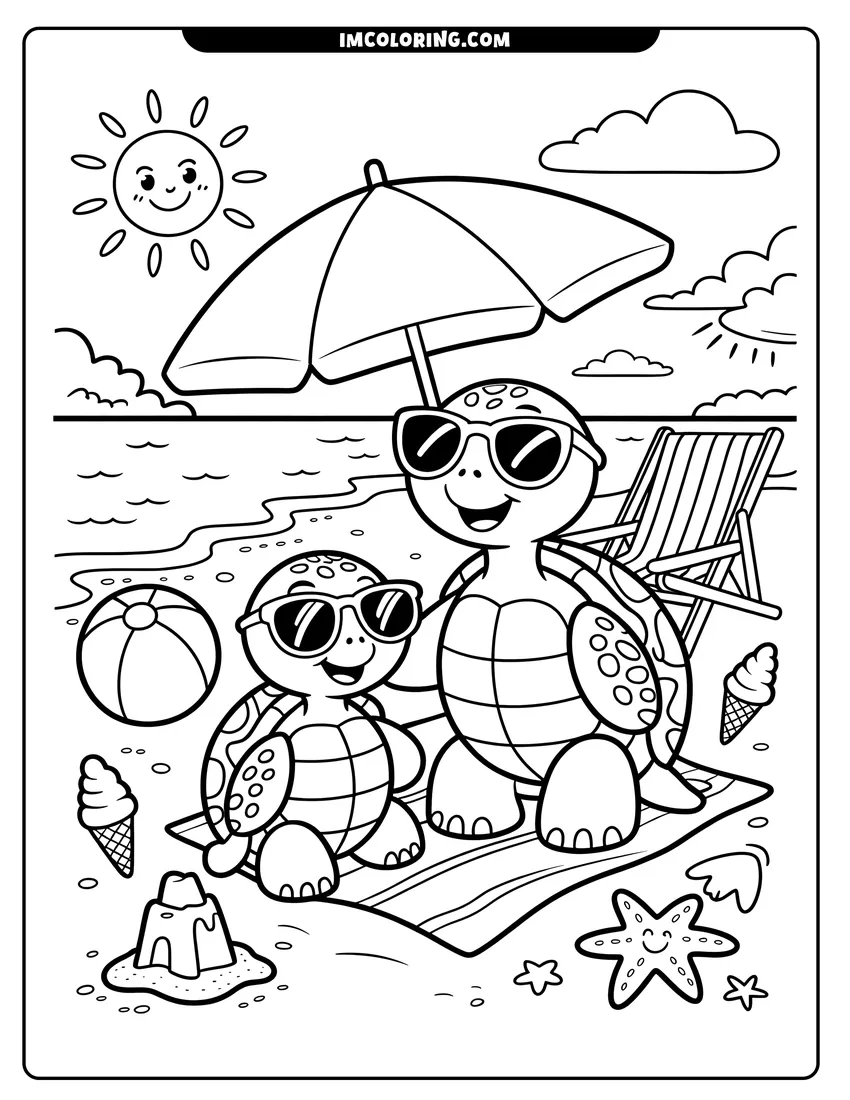 Full page coloring image of Two cute turtles wearing sunglasses sit on a beach towel under an umbrella near the ocean waves