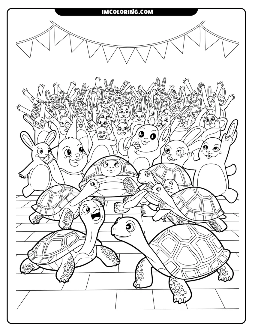 Outline drawing of A group of happy turtles racing forward while a large crowd of bunnies cheers behind them
