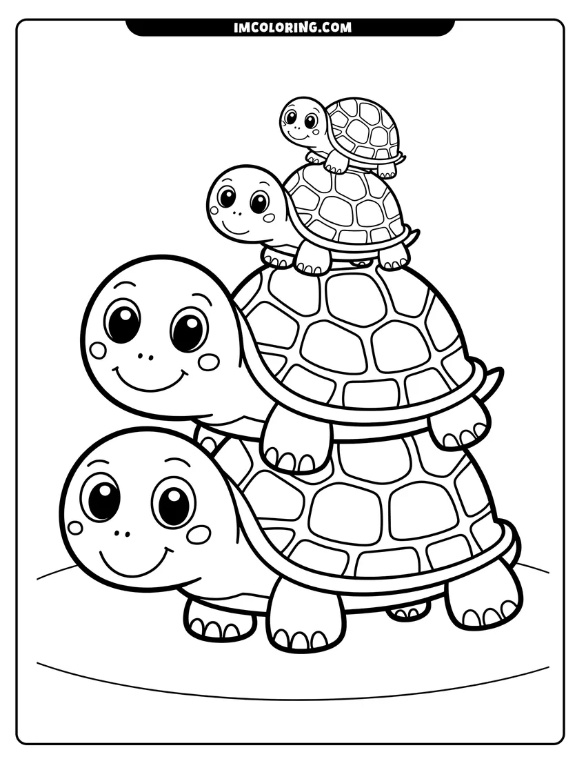 PDF style coloring page: Four smiling cartoon turtles stacked on top of each other from largest to smallest with big friendly eyes