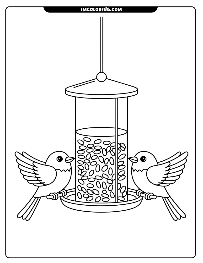 Printable line art of Two small birds perched on a hanging feeder filled with seeds in a garden setting
